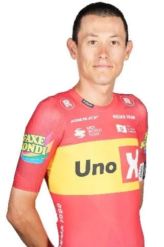 赤と黄色のUno-Xチームジャージを着用した男性サイクリストのポートレート
